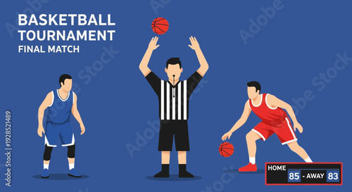 Basketball Tournament Match Featuring Referee and Players with Dynamic Motion and Scoreboard
