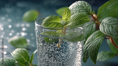 Mint Sparkling Water with Condensation Bubbles