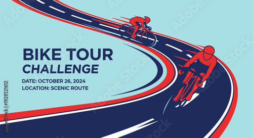 Bike Tour Challenge Graphic Featuring Cyclists on a Winding Road, Minimalist Design