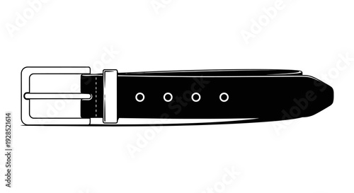 Black leather belt illustration with a silver toned buckle and five holes