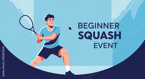 Beginner Squash Event Illustration Featuring Dynamic Athlete and Event Promotion Design