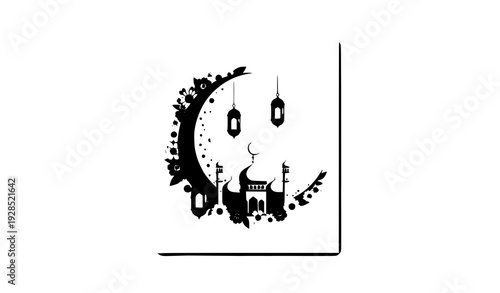 Ramadan and Eid Islamic poster background vector with crescent mosque and lantern isolated on white