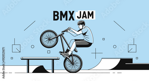 Bicycle Rider Performs Stunt Against Light Blue Backdrop: BMX Jam Illustration