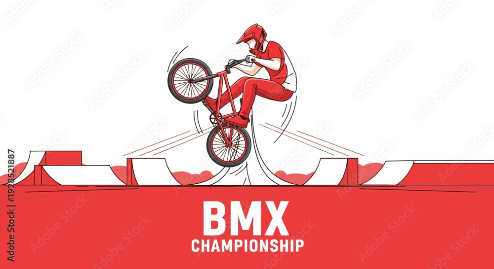 Fototapeta premium BMX Championship Illustration Depicting Athlete Performing a Stunt on Red and White Background