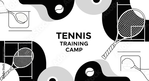 Black And White Tennis Training Camp Design With Elegant Minimalist Graphic Elements