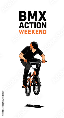 BMX Action Weekend: Dynamic Illustration Of Rider Performing Stunt With Vivid Colors And Bold