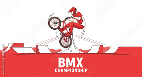 BMX Championship Illustration Depicting Athlete Performing a Stunt on Red and White Background