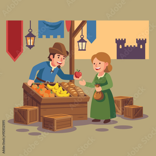 Medieval Market Scene with Fruit Vendor and Customer.