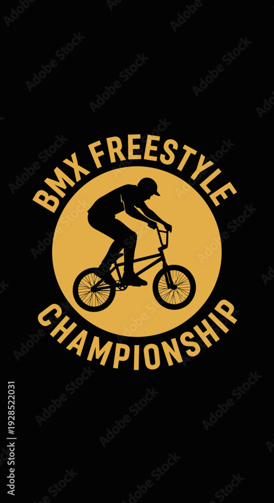 Obraz premium BMX Freestyle Championship Silhouette: Gold Circle Emblem and Black Backdrop Design