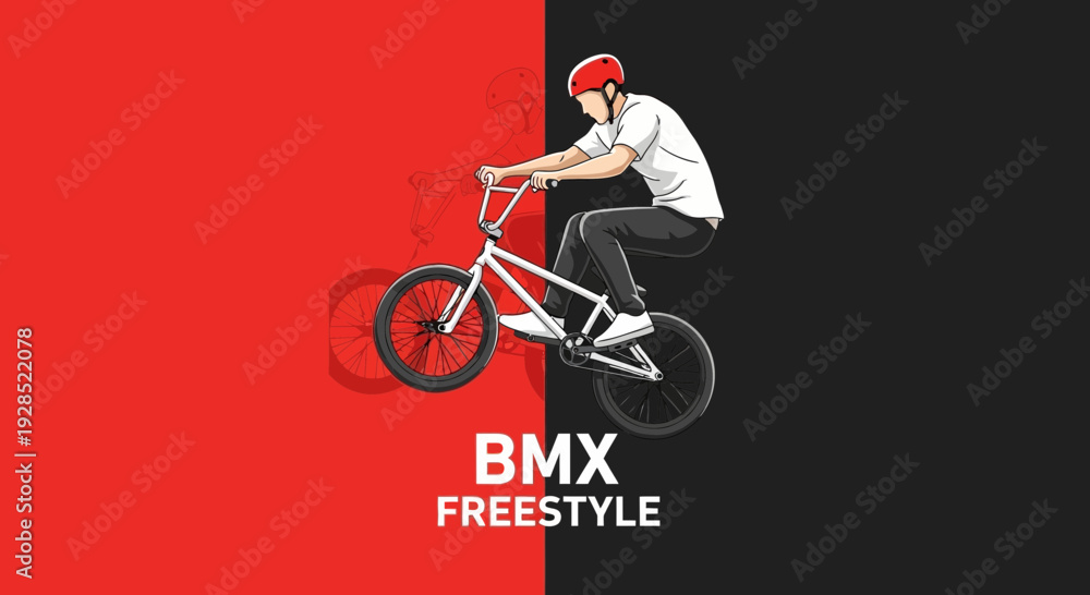 Fototapeta premium BMX Freestyle Rider With Helmet Performing Stunts on Contrasting Red and Black Background