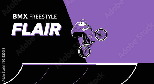 BMX Freestyle Athlete Performing a Stunt, Black and Purple Graphic Design, Flair Concept