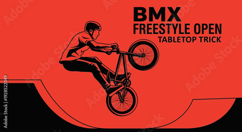BMX Freestyle Rider Performing A Tabletop Trick Silhouette Against Vibrant Red Backdrop