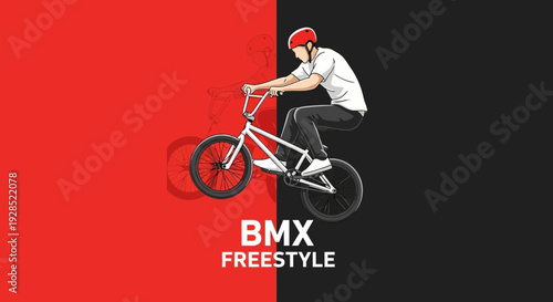 BMX Freestyle Rider With Helmet Performing Stunts on Contrasting Red and Black Background