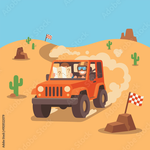 Off road adventure in a desert with a jeep.