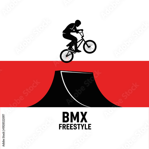 BMX Freestyle Silhouette Depicting Rider Performing Stunt on Red and White Background