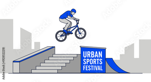 BMX Rider Performing Stunt at Urban Sports Festival, Illustration Against Cityscape Background