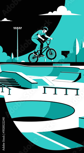 BMX Rider Performing Stunt in a Modern Urban Skate Park Environment With Vibrant Colors
