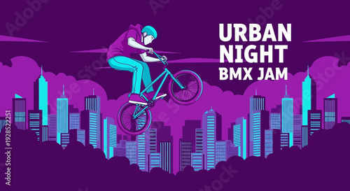 BMX Rider Performing Stunt in City At Night, Artistic Vector Illustration Style