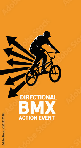BMX Rider Silhouette Performing Directional Action During Event with Orange Background Design