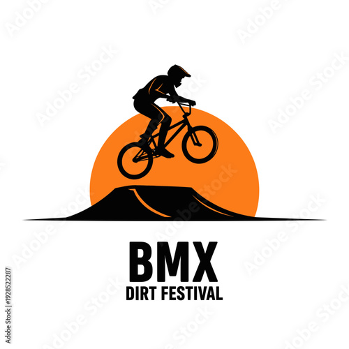 BMX Rider Silhouetted Performing Airtime Over Dirt Jump Against Setting Sun Logo Design