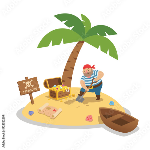 Pirate digging for treasure on a tropical island.
