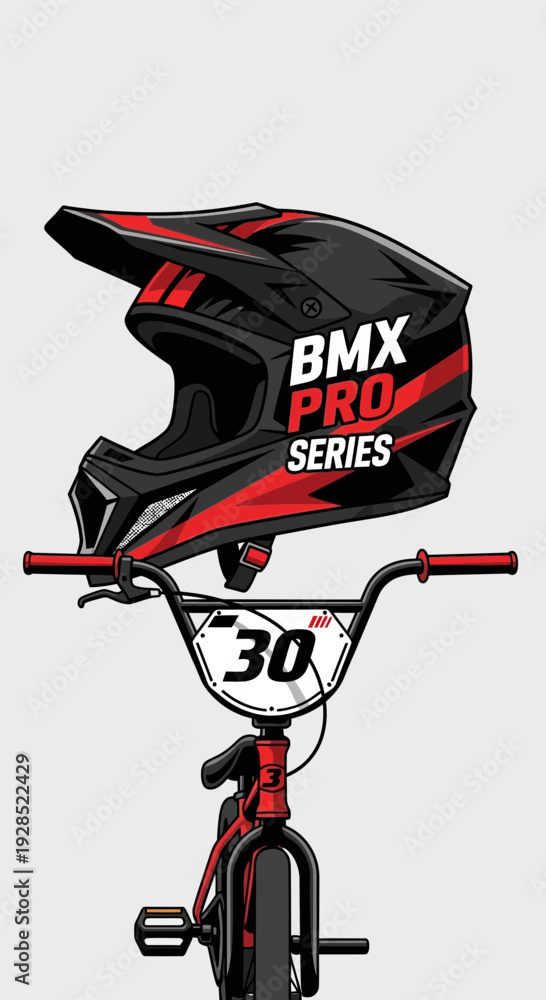 Fototapeta premium Bold BMX Pro Series Helmet And Bike Illustration With Dynamic Red And Black Accents