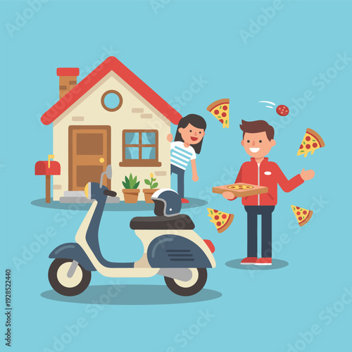 Pizza Delivery Man Arrives at House with Scooter.