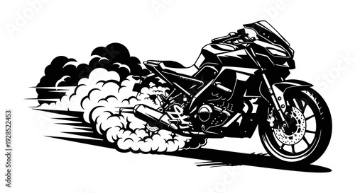A black and white illustration of a speeding motorcycle leaving tire smoke