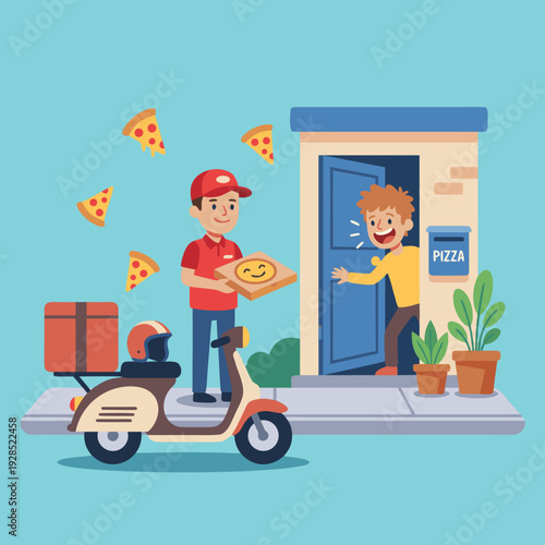 Pizza Delivery Man on Scooter Hands Pizza to Happy Customer at Door.