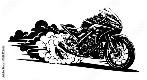 Stylized black and white illustration of a speeding motorcycle with smoke trails
