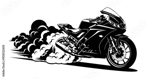 Black and white illustration of a speeding motorcycle leaving tire smoke trails