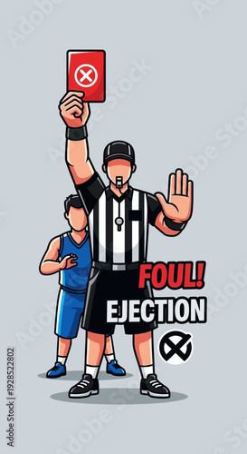 Cartoon Referee Displaying Red Card And Calling Foul On Basketball Player For Ejection
