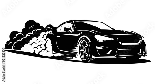 Stylized black and white illustration of a sports car drifting with smoke