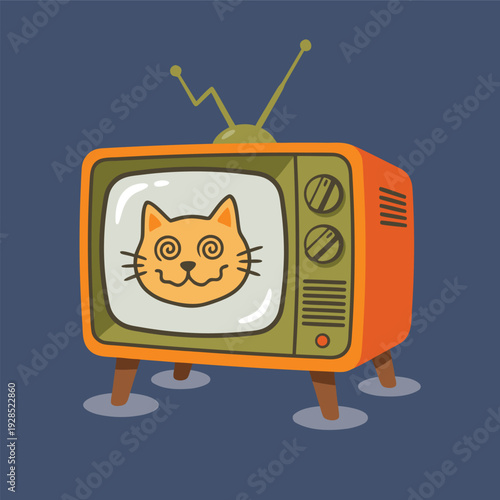 Retro Television Displaying a Dizzy Cat Face.