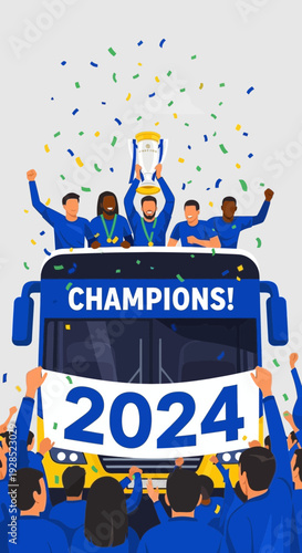 Celebratory Triumph: Winning Team Joyfully Rides Bus Displaying Championship Victory in 2024