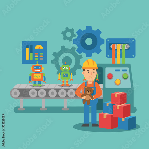 Robotic Toy Factory Worker Holding Teddy Bear.