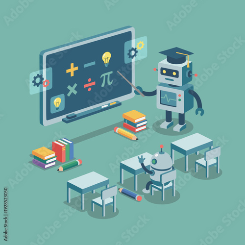 Robots Teaching Math in a Futuristic Classroom.