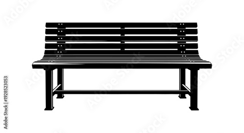 A simple black and white illustration of a wooden park bench with a slatted design