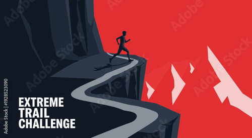 Challenging Trail Runner Silhouette With Striking Red Background And Cliff Pathway