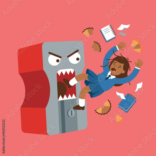 Scared schoolgirl being attacked by a monstrous pencil sharpener.