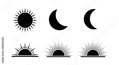 Black and white illustration of sun moon and sunrise symbols