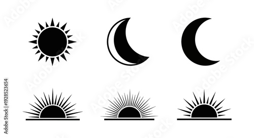 Minimalist graphic depicting a sun crescent moons and rising suns