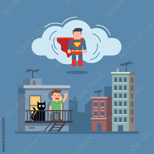 Superhero flying above city with boy and cat on balcony.