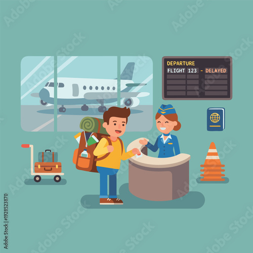 Traveler checking in at airport counter with flight attendant.