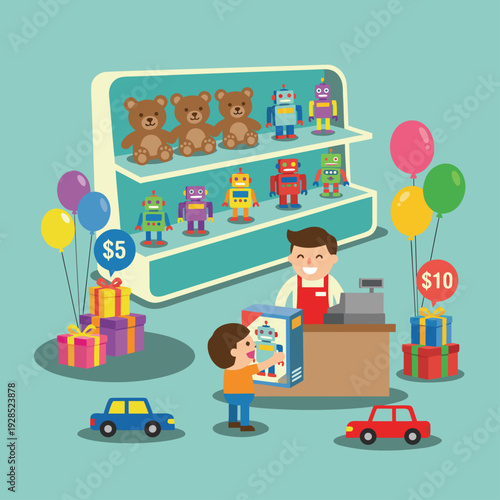 Toy Store Scene with Happy Shopper and Clerk.