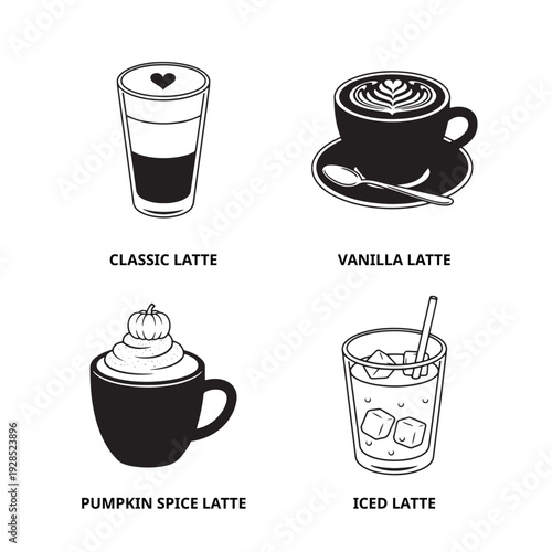 Black and white illustration of four different latte designs, including classic, vanilla, pumpkin spice, and iced latte, on a clean white background.