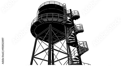 Detailed illustration of a large black water tower with surrounding metal walkways