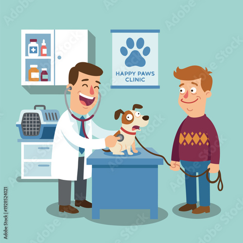 Veterinarian Examining a Happy Dog at a Clinic.