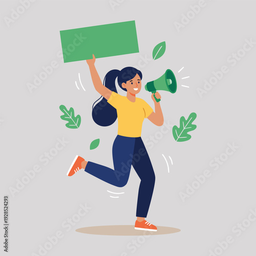 Woman with Megaphone and Sign Protesting.