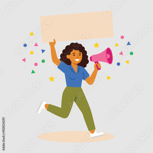 Woman with Megaphone and Sign Protesting.